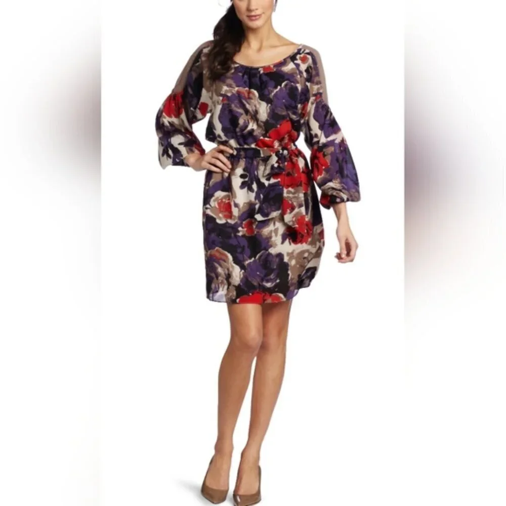 Nine West Floral Chiffon Dress – Size 2 Belted Sheer Sleeve Cocktail Dress